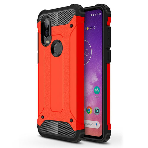 Military Defender Tough Shockproof Case for Motorola One Vision - Red